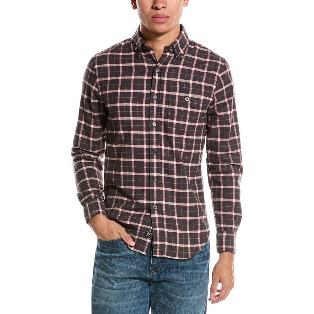 Todd Snyder Mens Plaid Flannel Button Down Shirt Charcoal Burgundy Large L